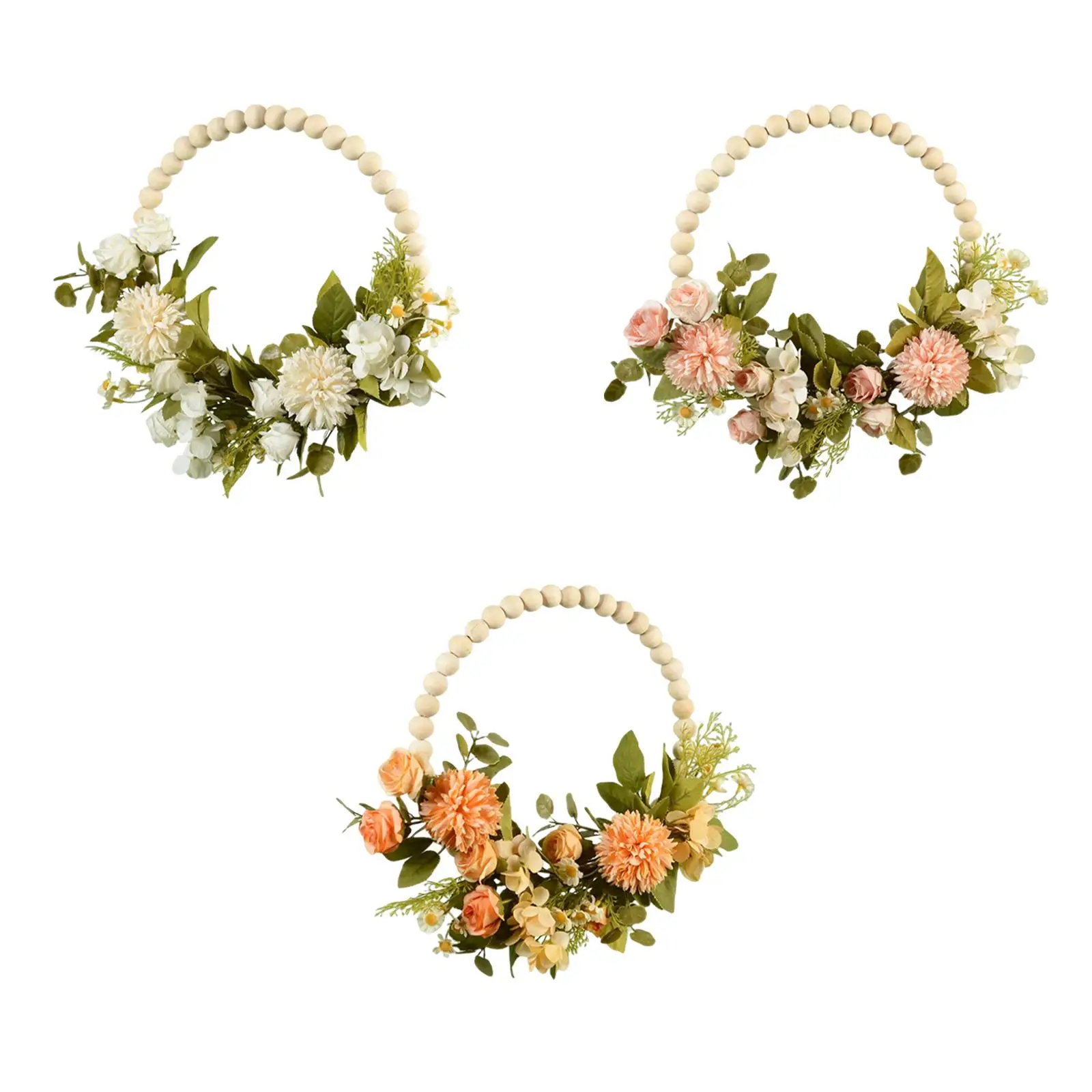 Flower Wreath Garland Door Wooden Beads Circle Hanging Spring Wreath Greenery Leaves for Indoor Outdoor Fireplace Decor