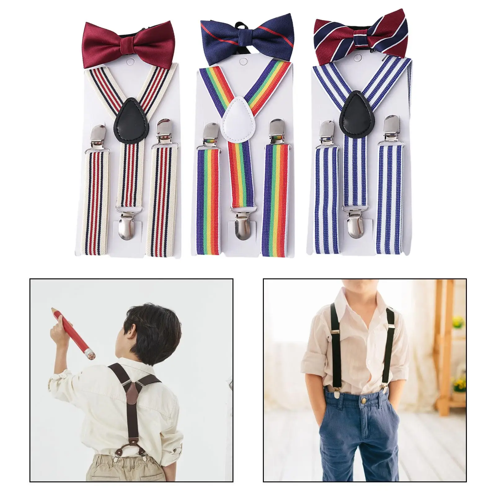 Kids Suspender Bow Tie Set Heavy Duty Pants Brace Y Shape Adjustable Braces for Jeans Trousers Dance Costume Party Halloween