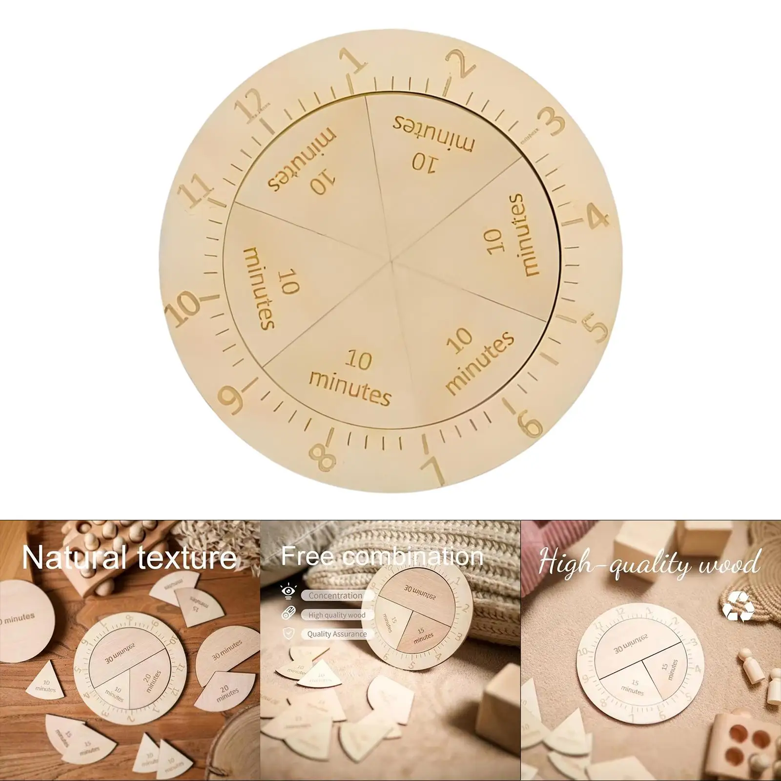 Montessori Time Fraction learning clocks Learning Time Hour Minute Cognition Early Learning Wooden Clock Toy for 3 Years old