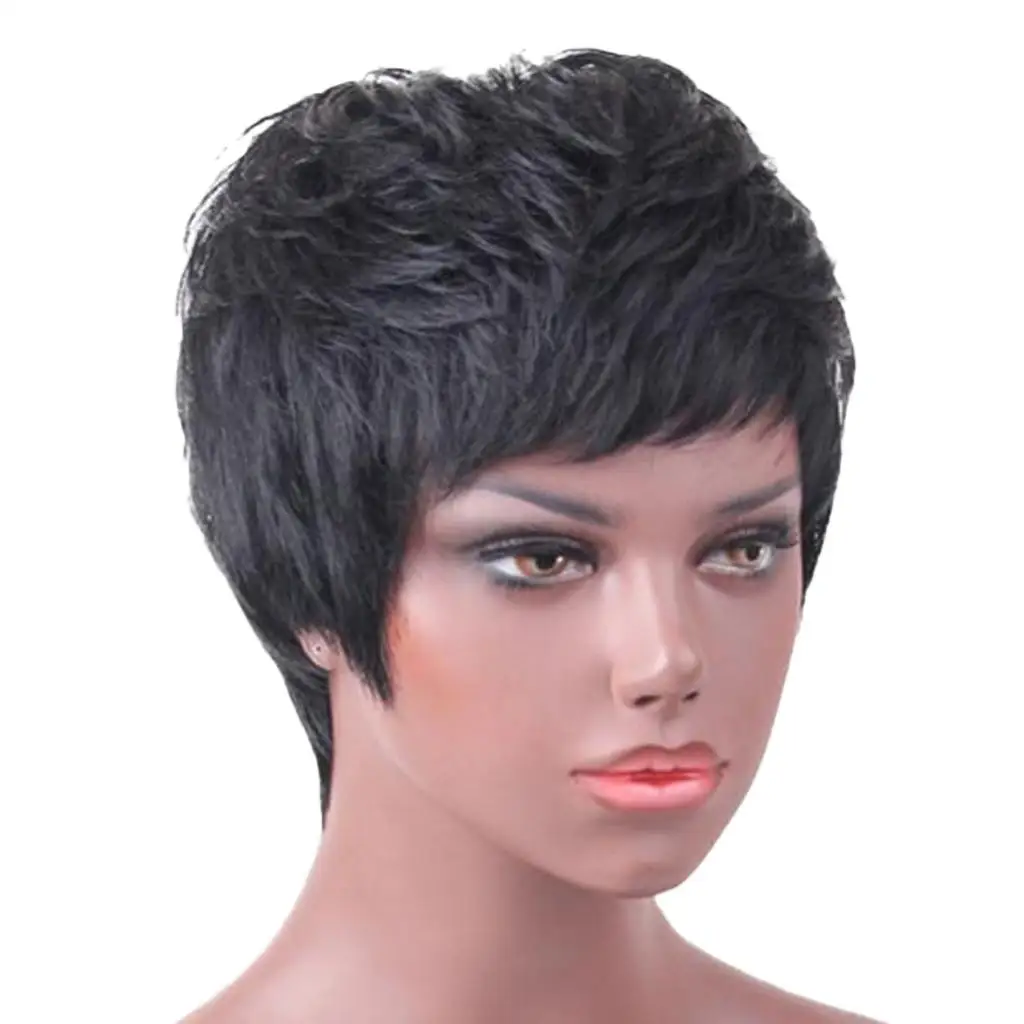 7 Inches Natural Looking Short Wigs for Women, Real Hair Mixed Heat Resistant Synthetic Fiber Curly Wig,Black Pixie Cut Wigs