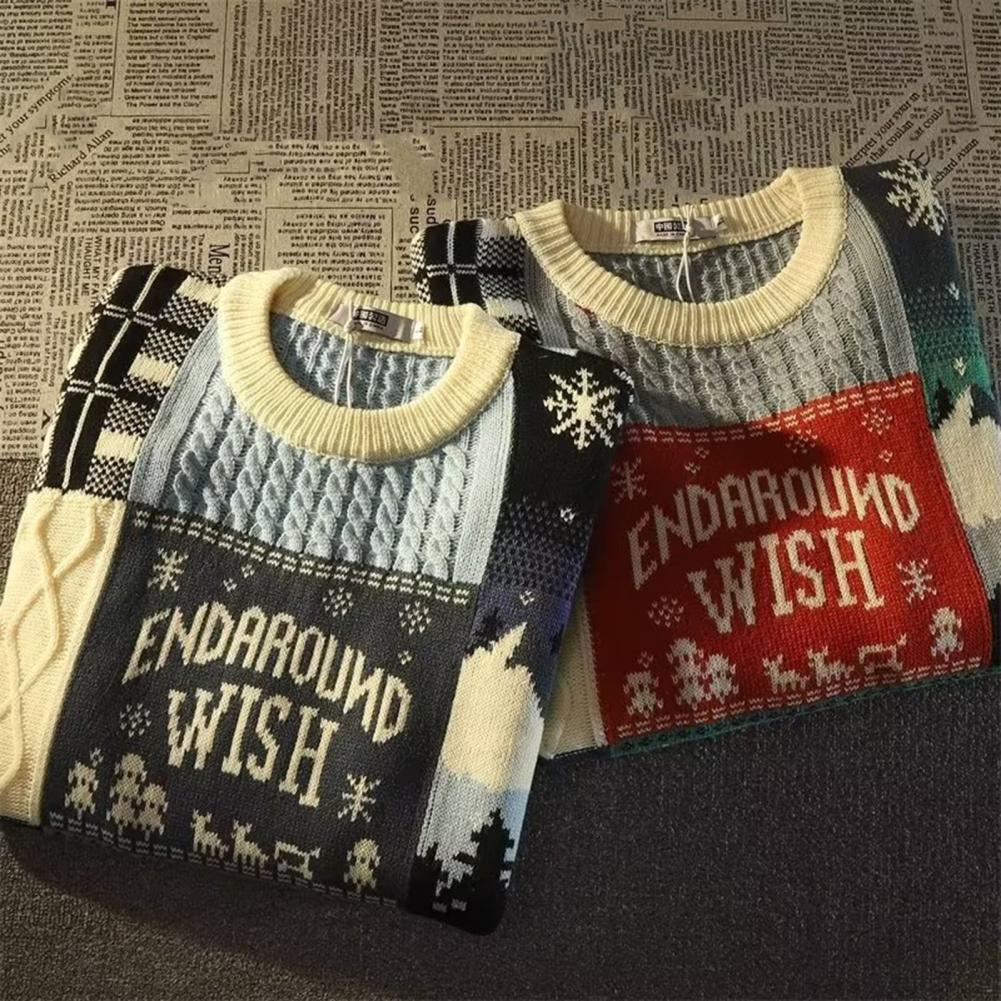 Description Picture 5 of itemColor-blocked Men Sweater Lightweight Long Sleeve Sweater Men's Retro Christmas Snowflake Print Knitwear Thickened for Autumn