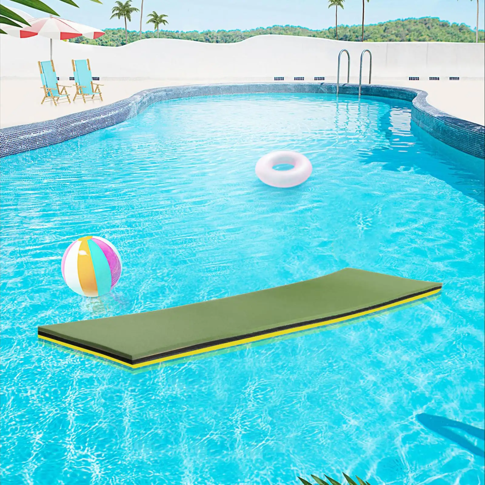 Pool Floating Water Mat Water Raft 43x15.7x1.3inch for Kids, Teens Durable Lightweight Roll up Pad Yellow Black Green
