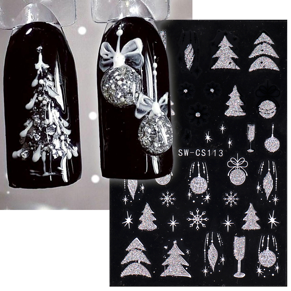 Description Picture 4 of itemSparkly Glitter Winter Pine Nail Decal Sticker Reflective Xmas Tree Jingle Bell Pattern Snowflakes Charm Manicure Powder Sliders