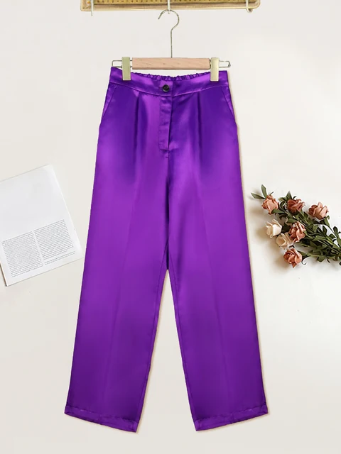 Women Pants High Elastic Waist Purple Summer Office Lady Work