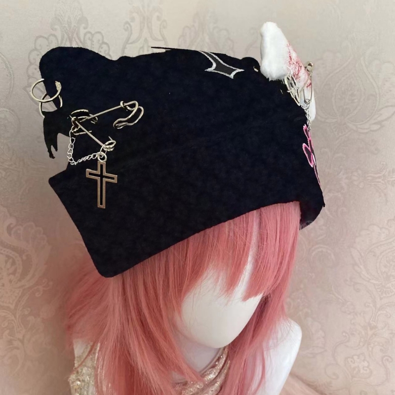 Cat Ear Beanie: Stylish Black Knitted Hat with Jewelry