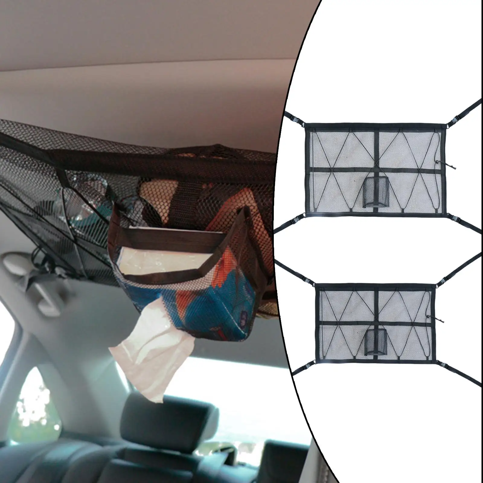 Car Roof Ceiling Cargo Net Pocket Interior Double Layer with Zipper Buckle Organization with Zip for SUV Camper MPV Most Car Van