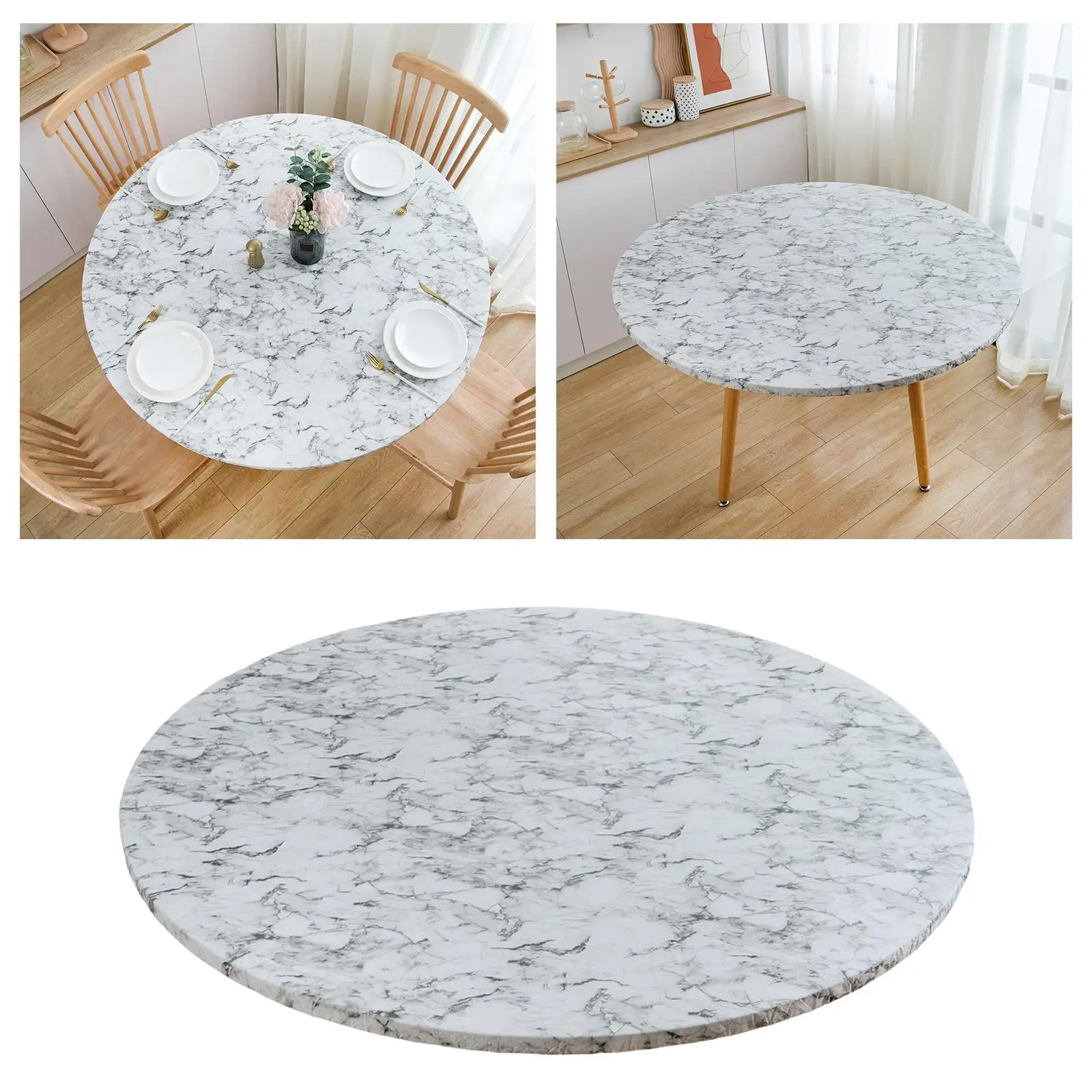 Round Vinyl Fitted Tablecloth Table Cloth Stain Resistant with Flannel Backing Waterproof Oil Proof Elastic Edge Table Cover