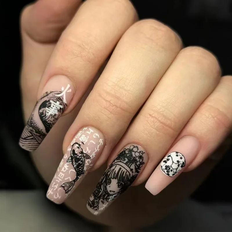 Best of Sea Wave Carp Japanese Style Doodle False Nails Detachable Nude Pink Long Coffin Fake Nails With Glue Full Cover Press On Nails Reviews & Tips