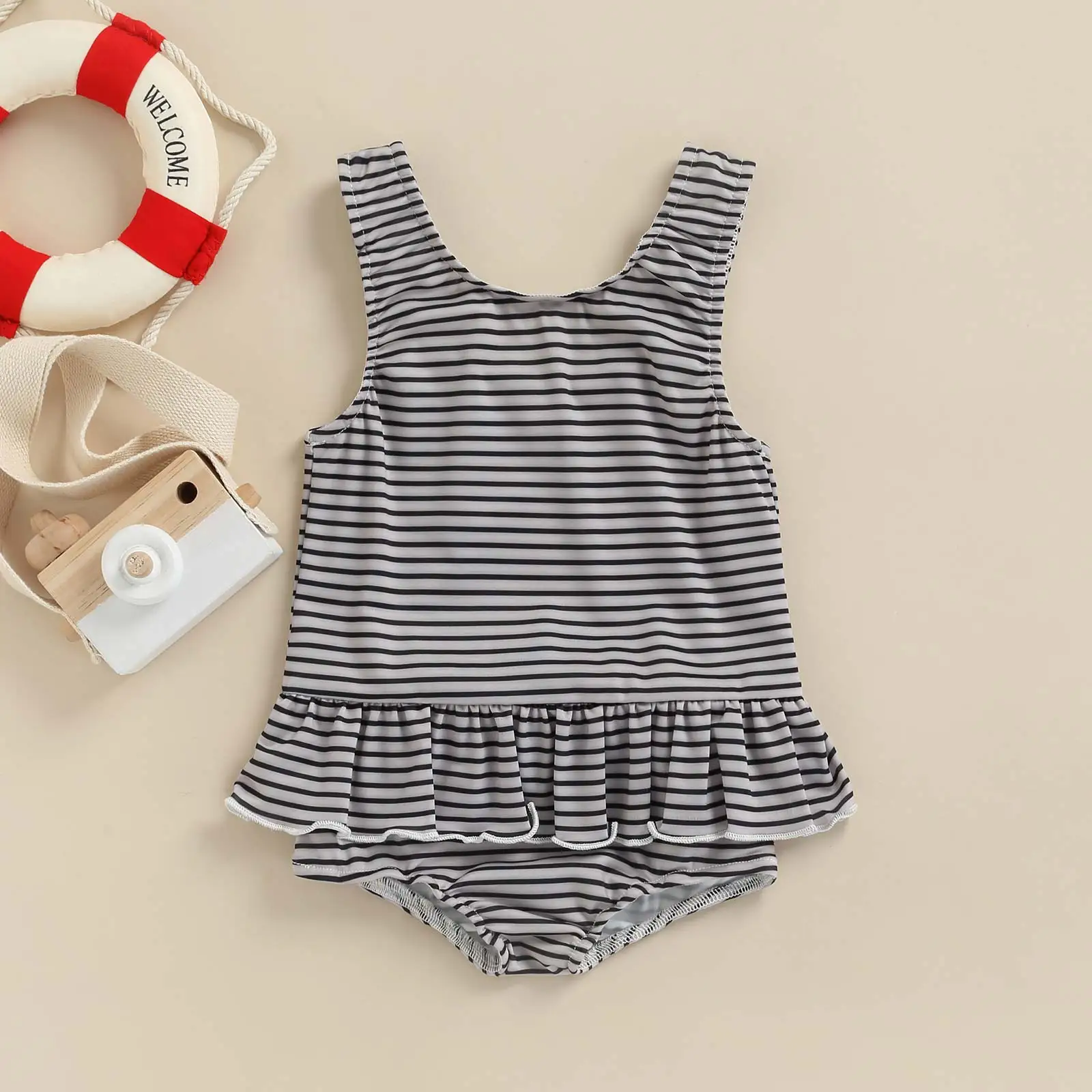 Infant Baby Girl Ruffled Swimwear, Bathing Sui Infant Stripe / Solid Color / Print Sleeveless Round Neck Bathing Suit 6M-3T Baby Bodysuits expensive