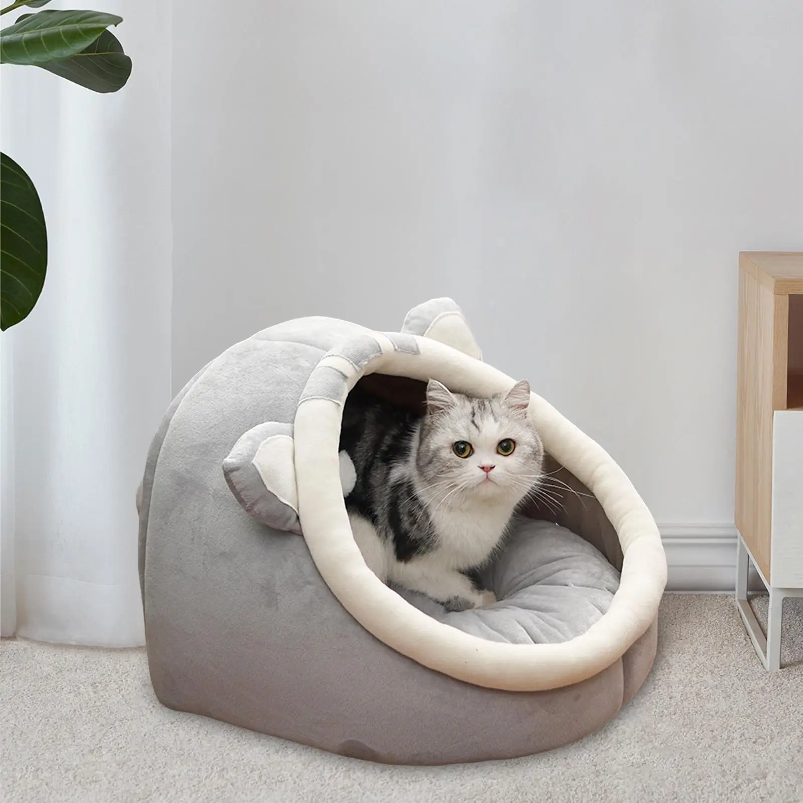 Cute Cat Beds Pet House Cushion Anti Slip Bottom Dog Sleeping Bed with Ball Toy Nest Warm Hideout Comfortable for Puppy Rabbit