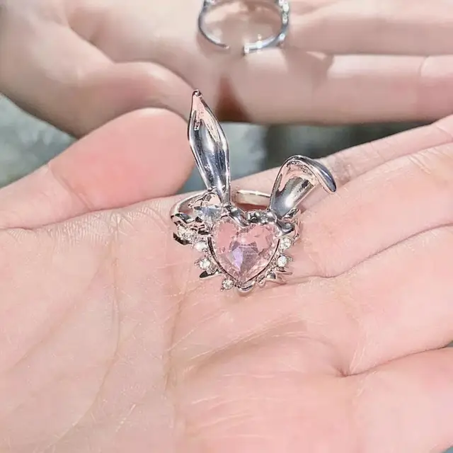 YUNx Finger Ring Adjustable Exquisite Rhinestones Pink Heart Lovely Rabbit  Ear Women Finger Ring Valentine's Day Gift 