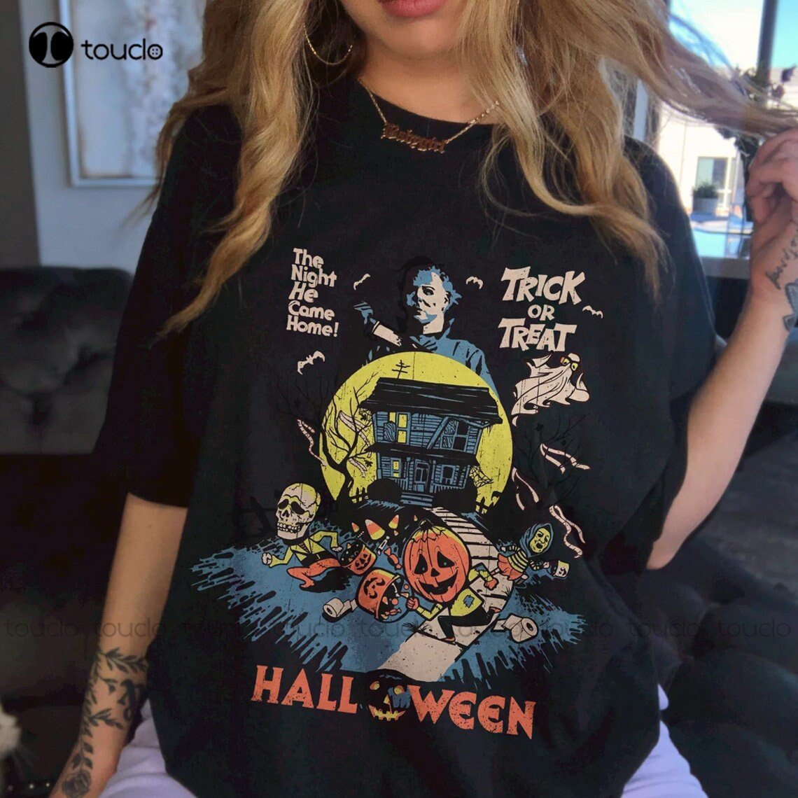 michael myers horror halloween camisa truque ou tratar noite ele veio para casa vintage halloween filmes de terror camisa