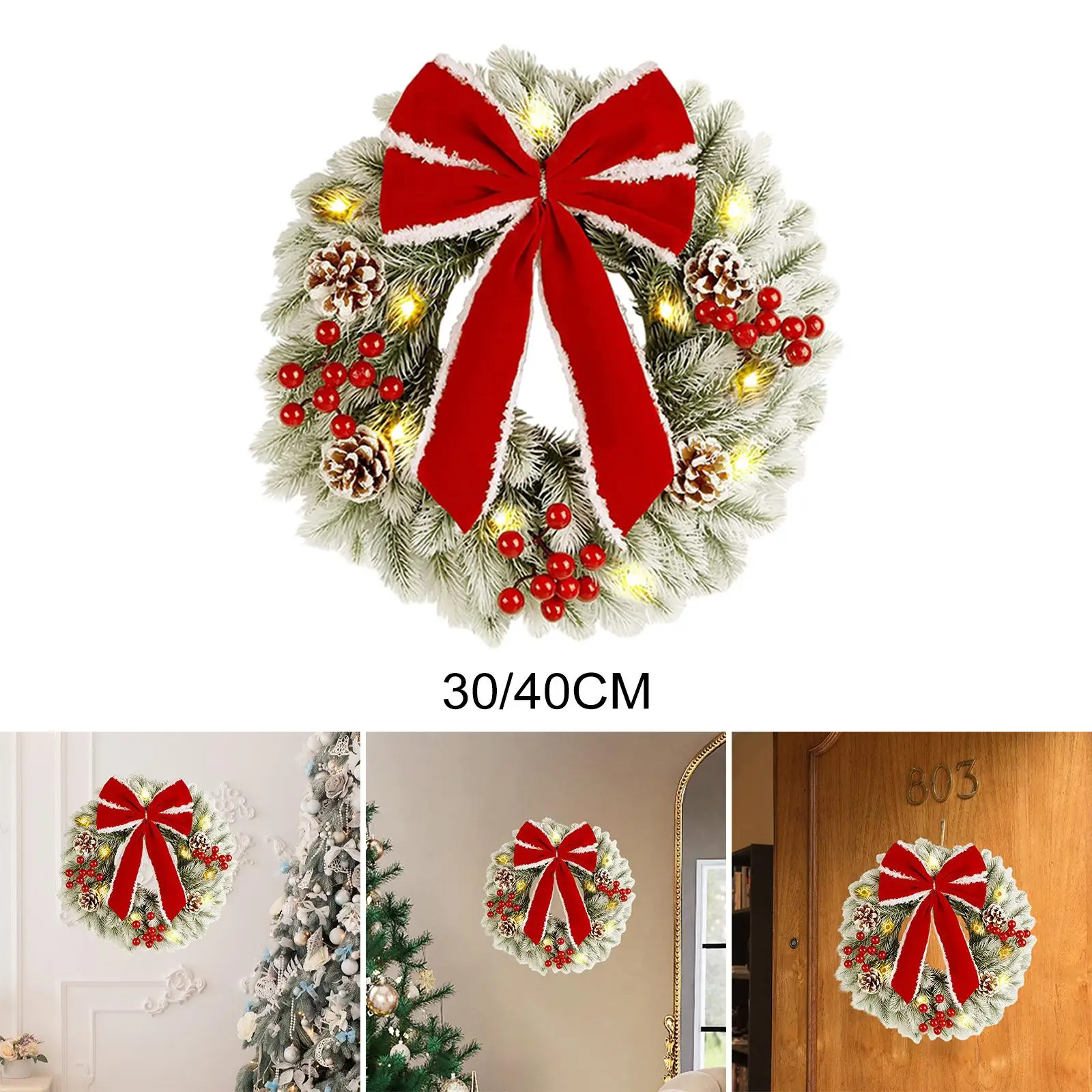 Christmas Wreath with String Light Hanging Artificial Decoration for Office
