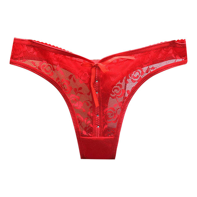 Womens Sexy Low Waist Satin Through Transparent Hollow Lace Thong