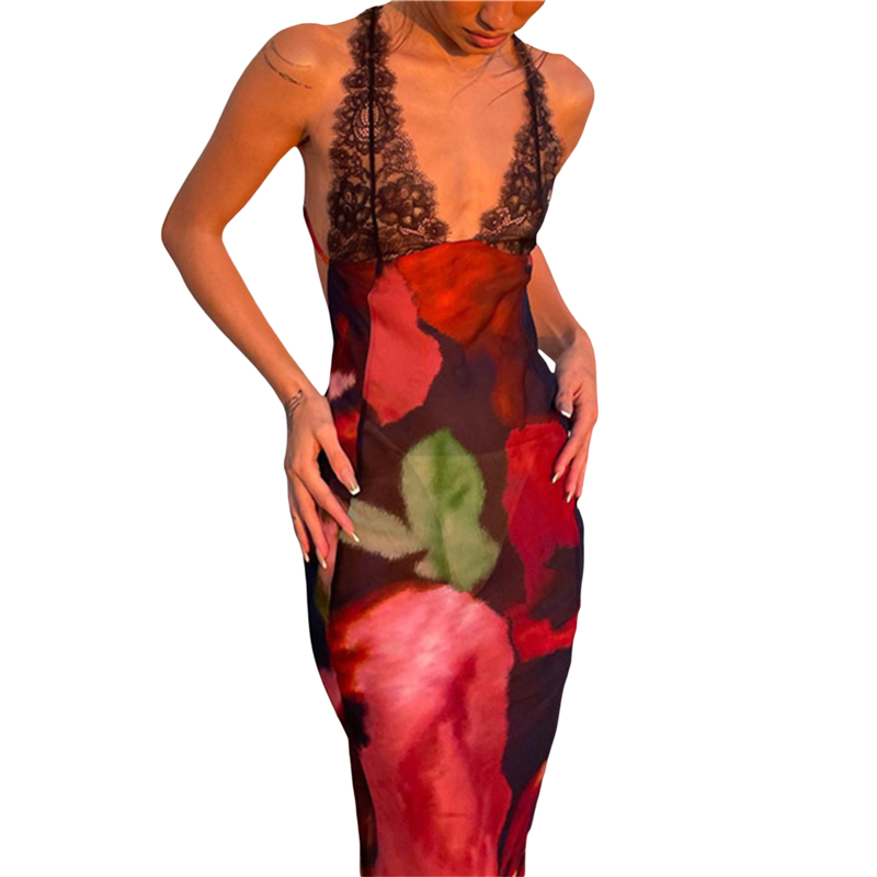 Lace Trim Dress y2k Aesthetic Women Leopard/Floral Print Sleeveless Long Dresses Sexy Backless Cocktail Party Dresses