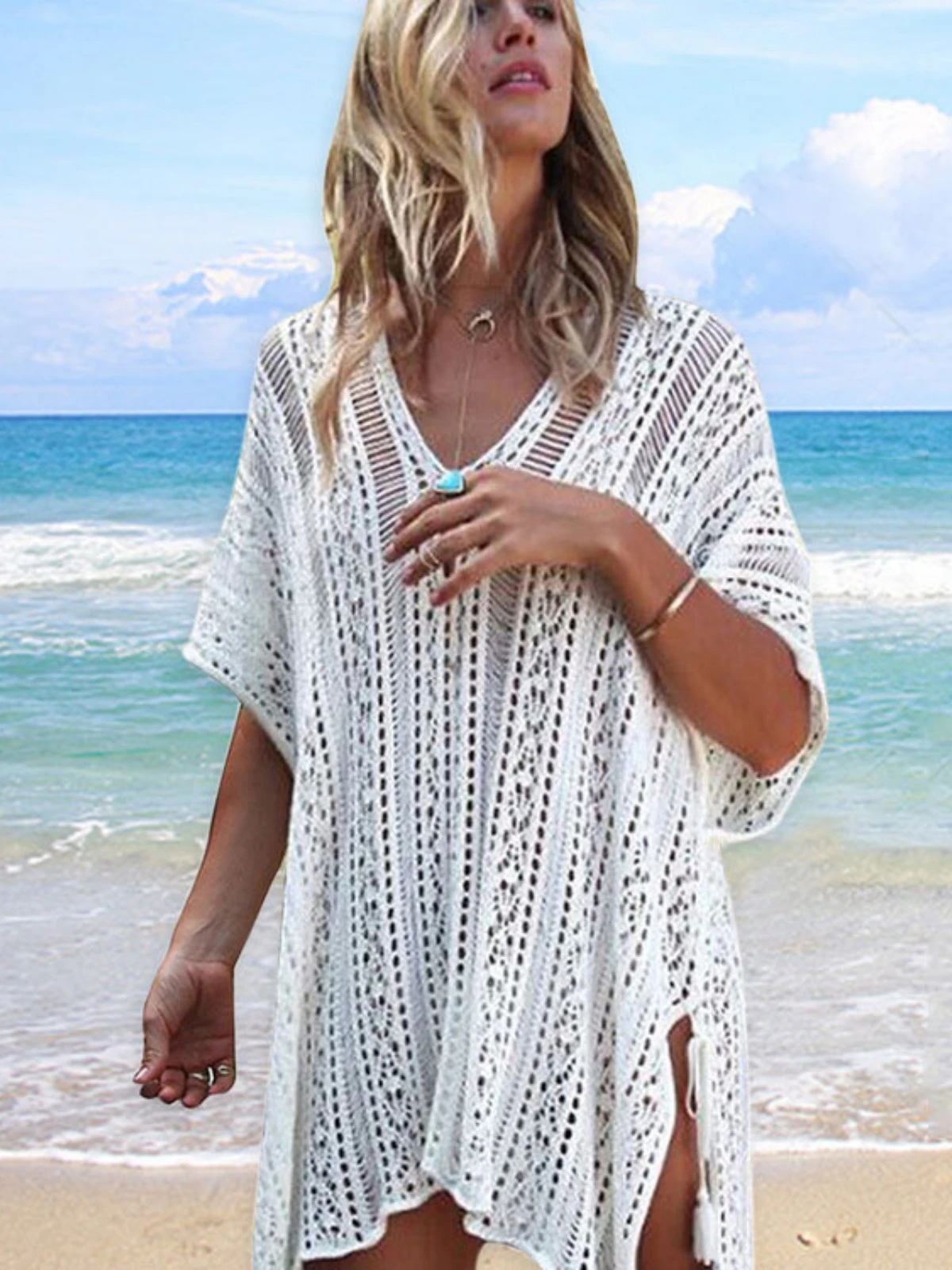 Sunscreen Blouse Swimsuit Women's Beach Handmade Crochet Hollow Blouse Sunscreen Clothing Knitted Swimsuit Beach Cover Up bathing suit with matching cover up