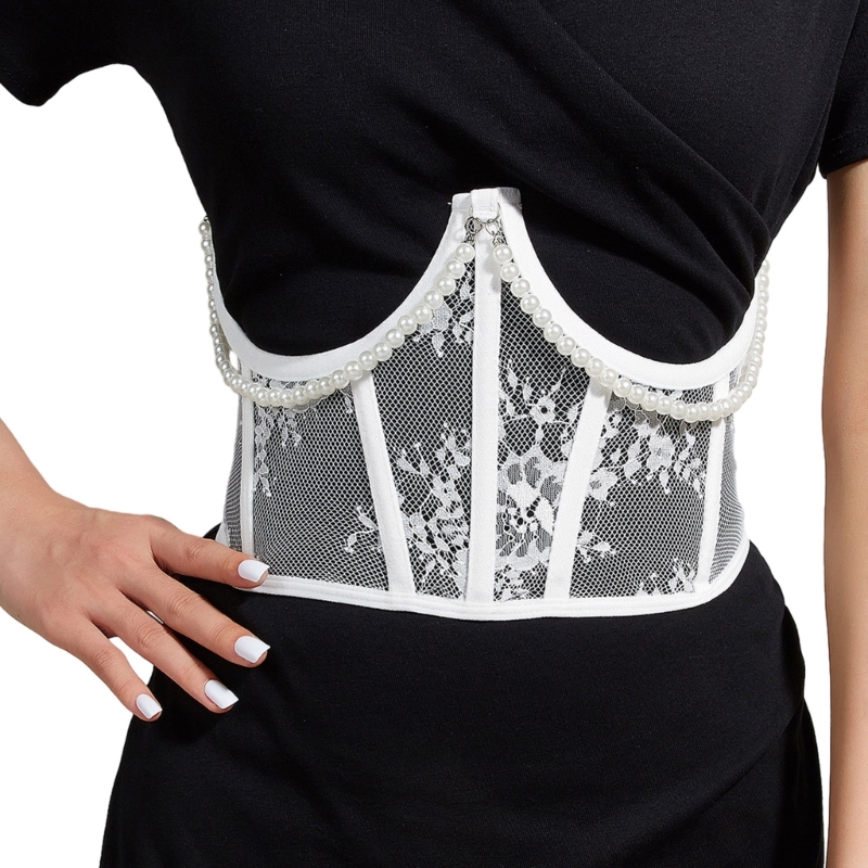 Q0KE Sheer Spitze Taille Korsett Jugendliche Frau Baumeln Perle Kette Decor Body Shaper Gürtel Extender Streetwear Taille Dekore – Detail 3
