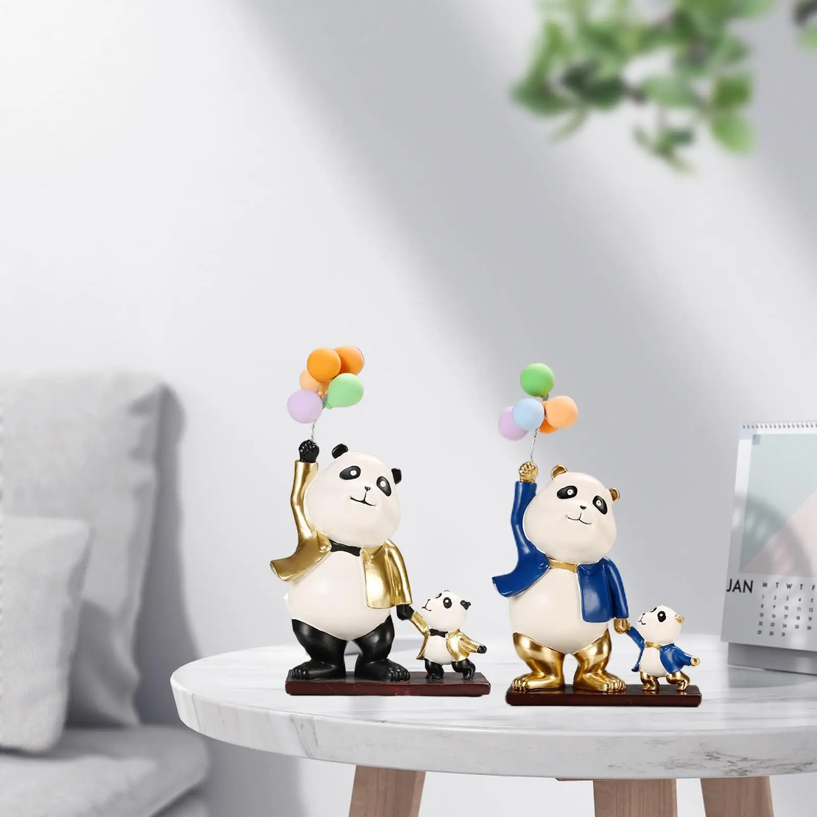 Panda Statue Figurine with Balloon Animal Sculpture for Tabletop Bookcase