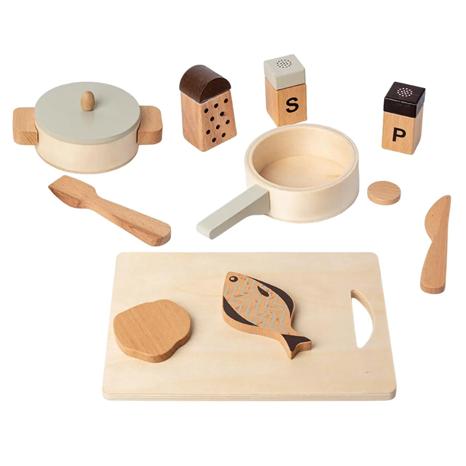 Wooden Kitchen Playset, Pretend Toy Pot Pan Spice Bottle Gift Cookware Simulation Cooking for Girls Boys Toddlers