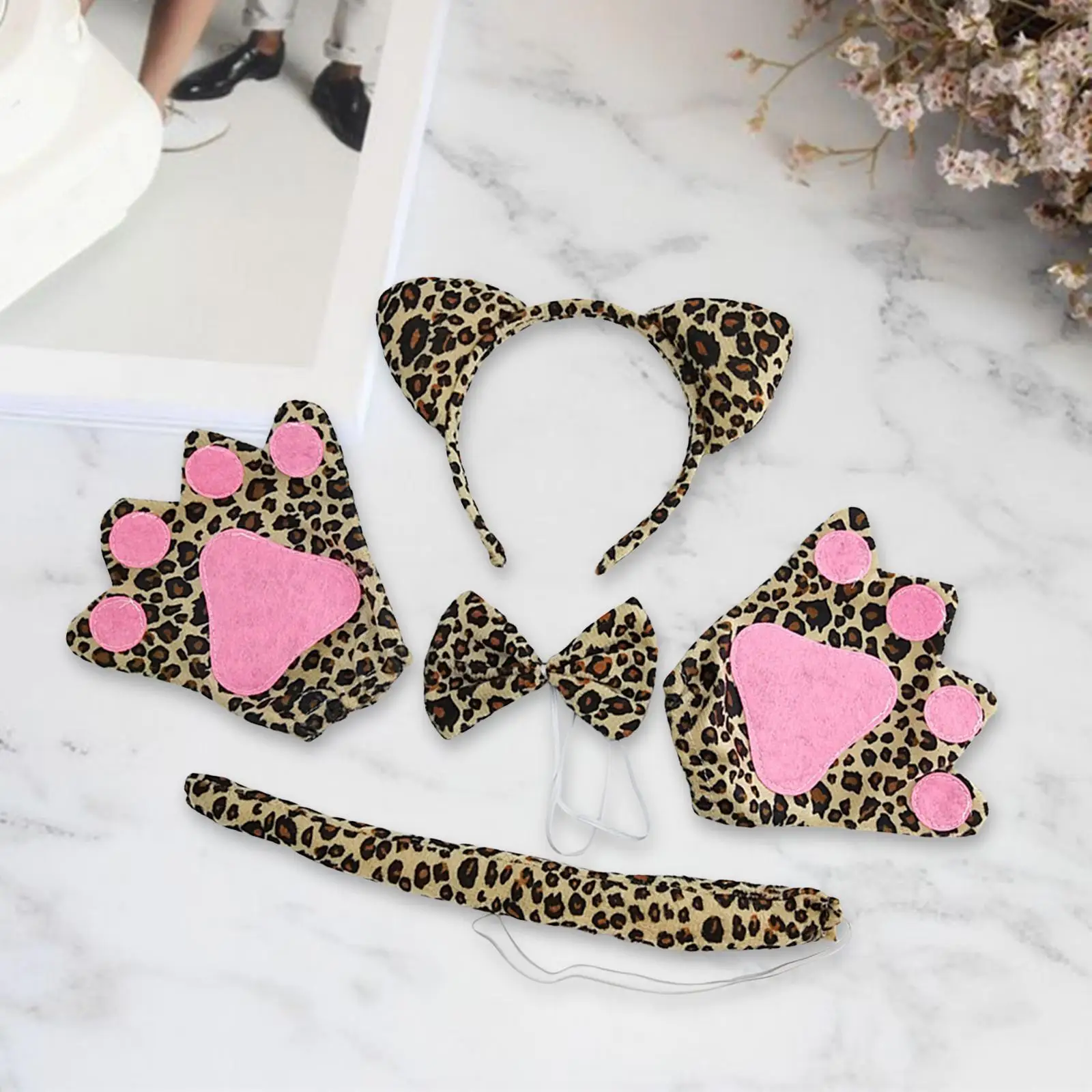 4x Leopard Costume Set Gloves Hair Accessory Ears Tail Bow Tie Animal Dress Set for Adults Performance Carnival Party Decoration