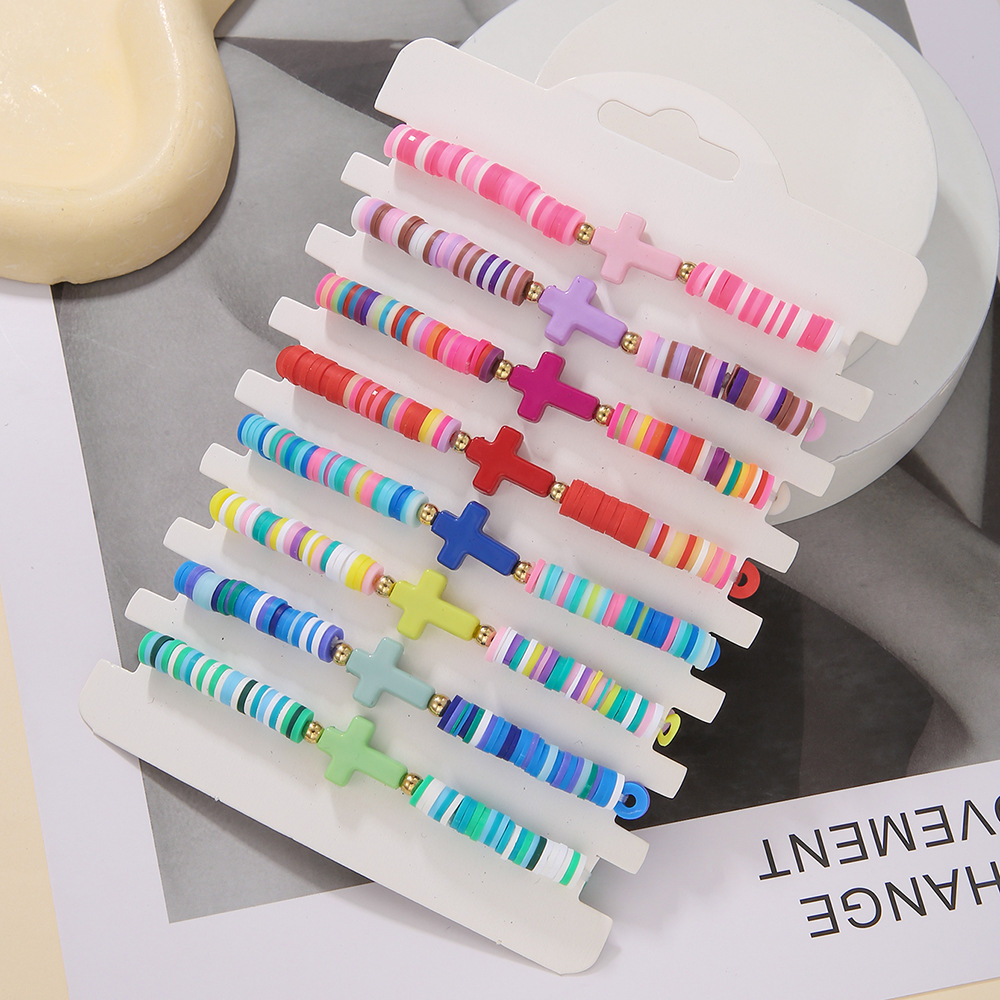 8-teiliges böhmisches buntes Polymer-Kreuz-Armband im neuen Strand-Stil, Stretch-Armband-Set für Frauen und Mädchen – Detail 4