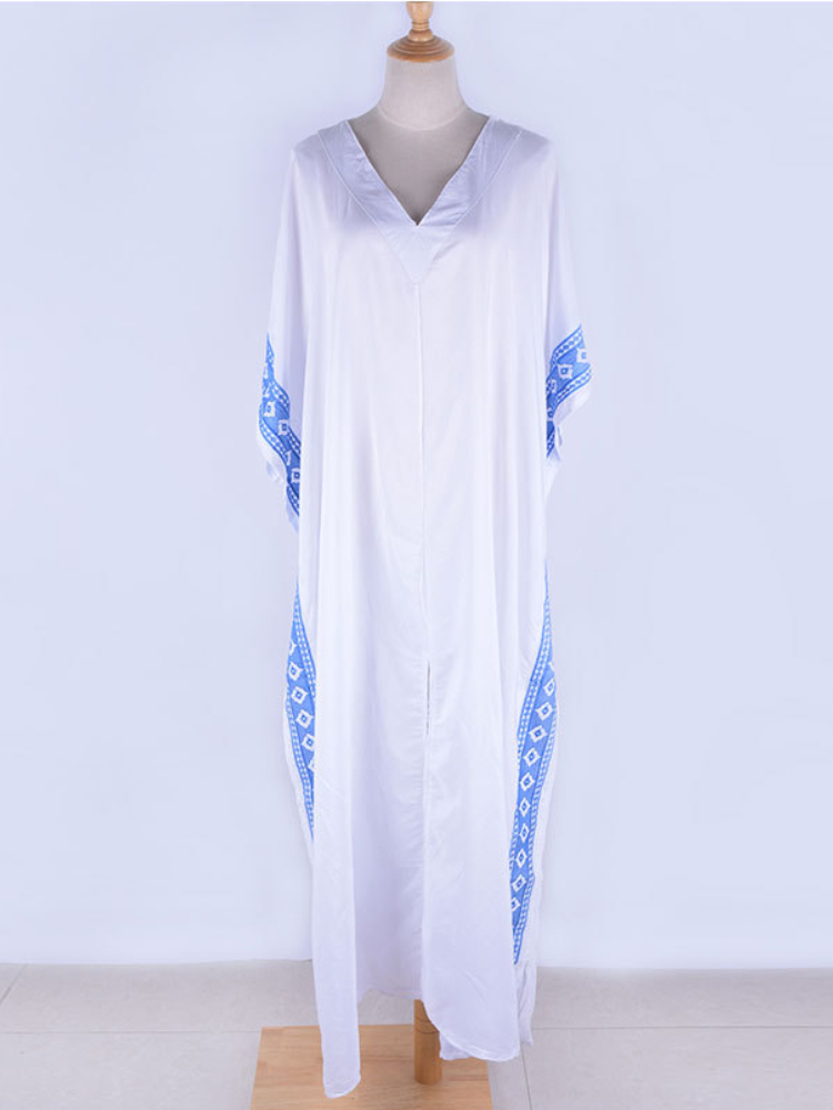 kaftan vestidos de praia das mulheres cobrir branco bordado índia folk túnica manga curta verão trajes banho outfits beachwear