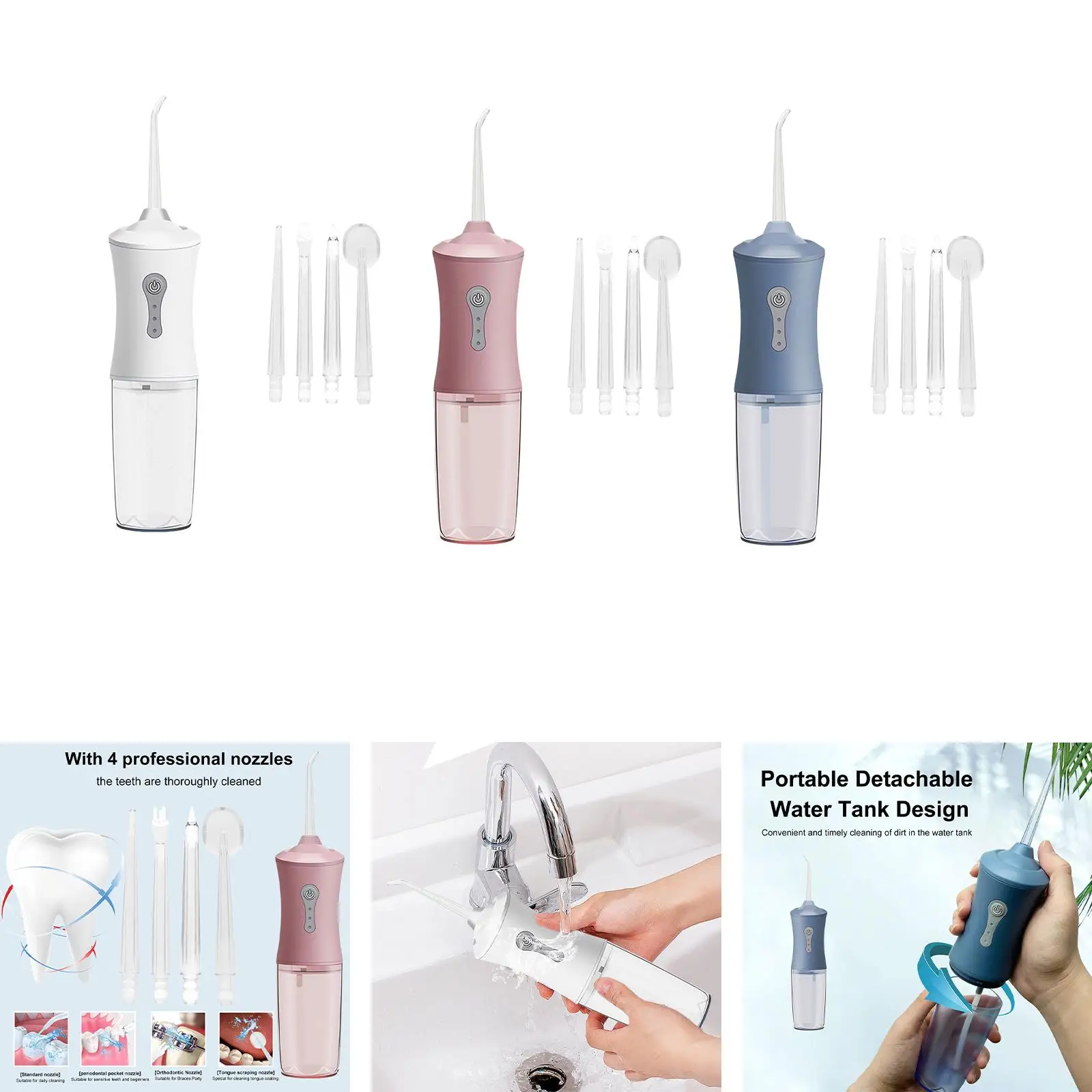 Cordless Oral Irrigator Professional Rechargeable IPX7 Waterproof Adjustable Pressure 220ml Water Tank with 4 Nozzles Water Jet