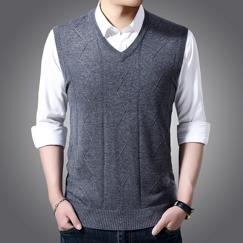 Description Picture 3 of item2023 New Autumn Men's Vest Knitted Sweater Korean Fashion Wool Sweater Vest Midlife Jacquard Business Casual V-neck Tank Tops