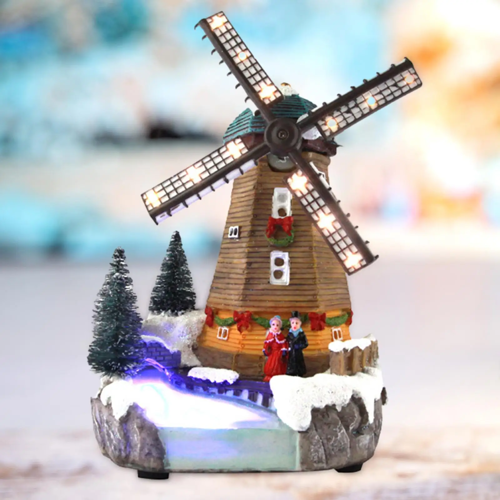 LED Lighted Christmas Village Windmill Crafts Resin Musical Box Building Sculpture for Office Living Room Desk Bedroom Fireplace