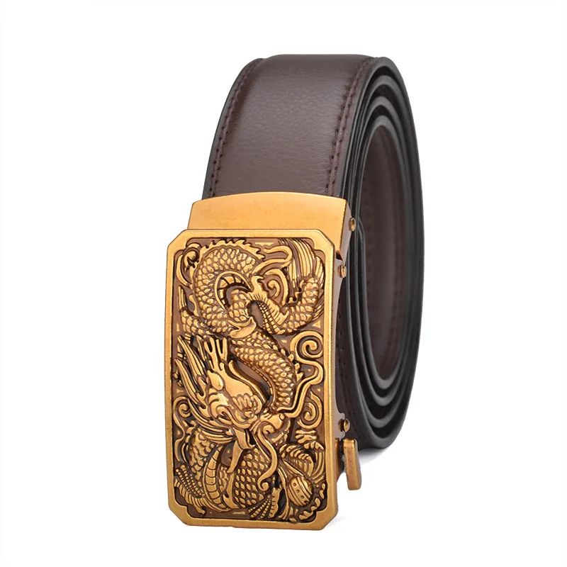Plus Size 170 160 150 140 130cm Men Vintage Dragon Bronze Automatic buckle High Quality Leather Pants Belt Business Leisure 2022 crocodile skin belt