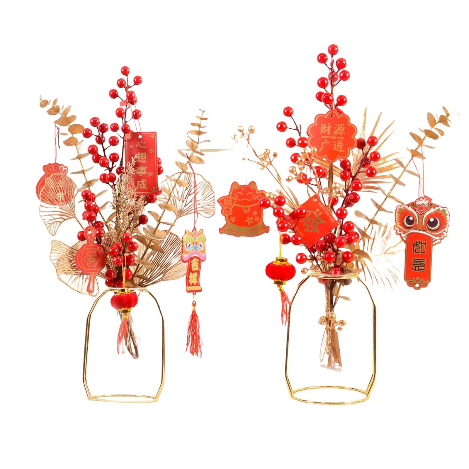 Traditional Chinese New Year Decoration Artificial Red Berries Bouquet Good Luck Pendant Feng Shui Lucky Tree Ornament for Decor