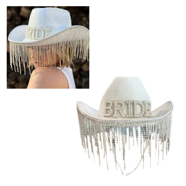 Custom White Bride Gold Rhinestone Tassel Cowgirl Hat