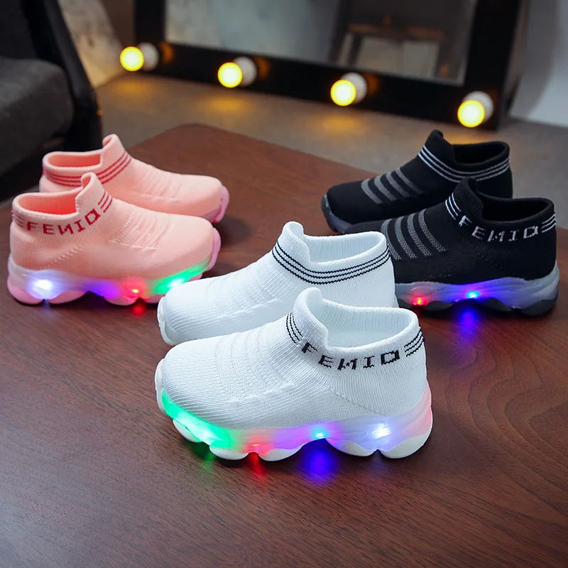 S580df666d98348e6a324dbf02898743aa Kids Sneakers Children Baby Girls Boys Letter Mesh Led Luminous Socks Sport Run Sneakers Shoes Sapato Infantil Light Up Shoes