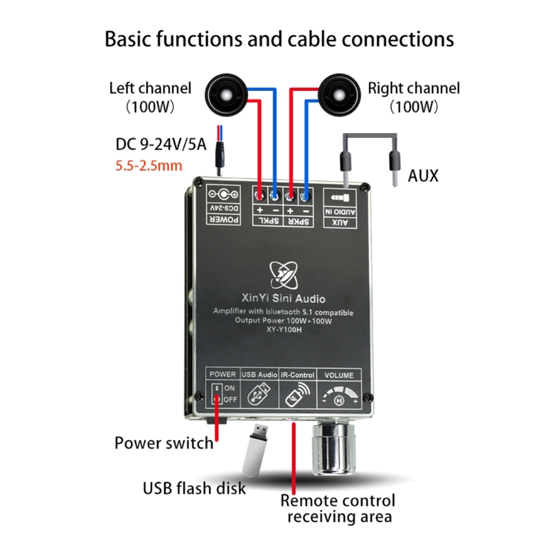 XY-Y100H Stereo BT Bluetooth-Kompatibel 5,1 AUX USB Audio Digital Power Verstärker Bord Modul 100W + 100W infrarot Fernbedienung – Detail 9