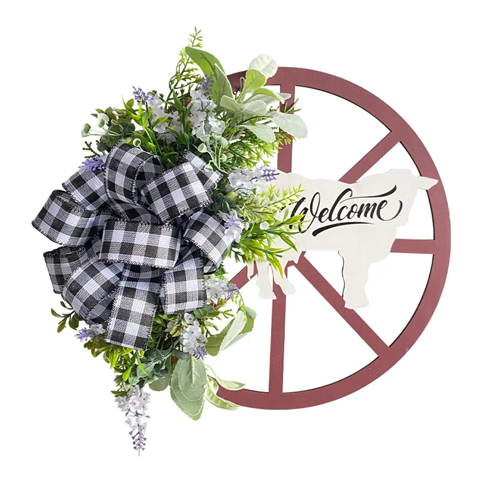 Wagon Wheel Wreath Hanging Decor Black White Plaid Bow Artificial Flower Wreath for Wall Fireplace Party Decor Holiday Home