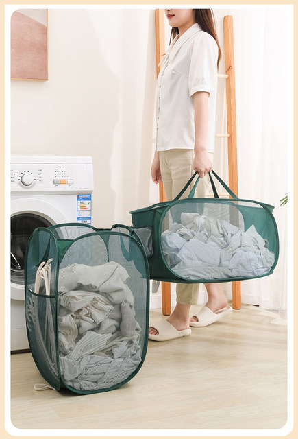 Mesh Folding Laundry Basket Home Bathroom Dirty Clothes Storage Basket with  Durable Handles Portable Laundry Organizer