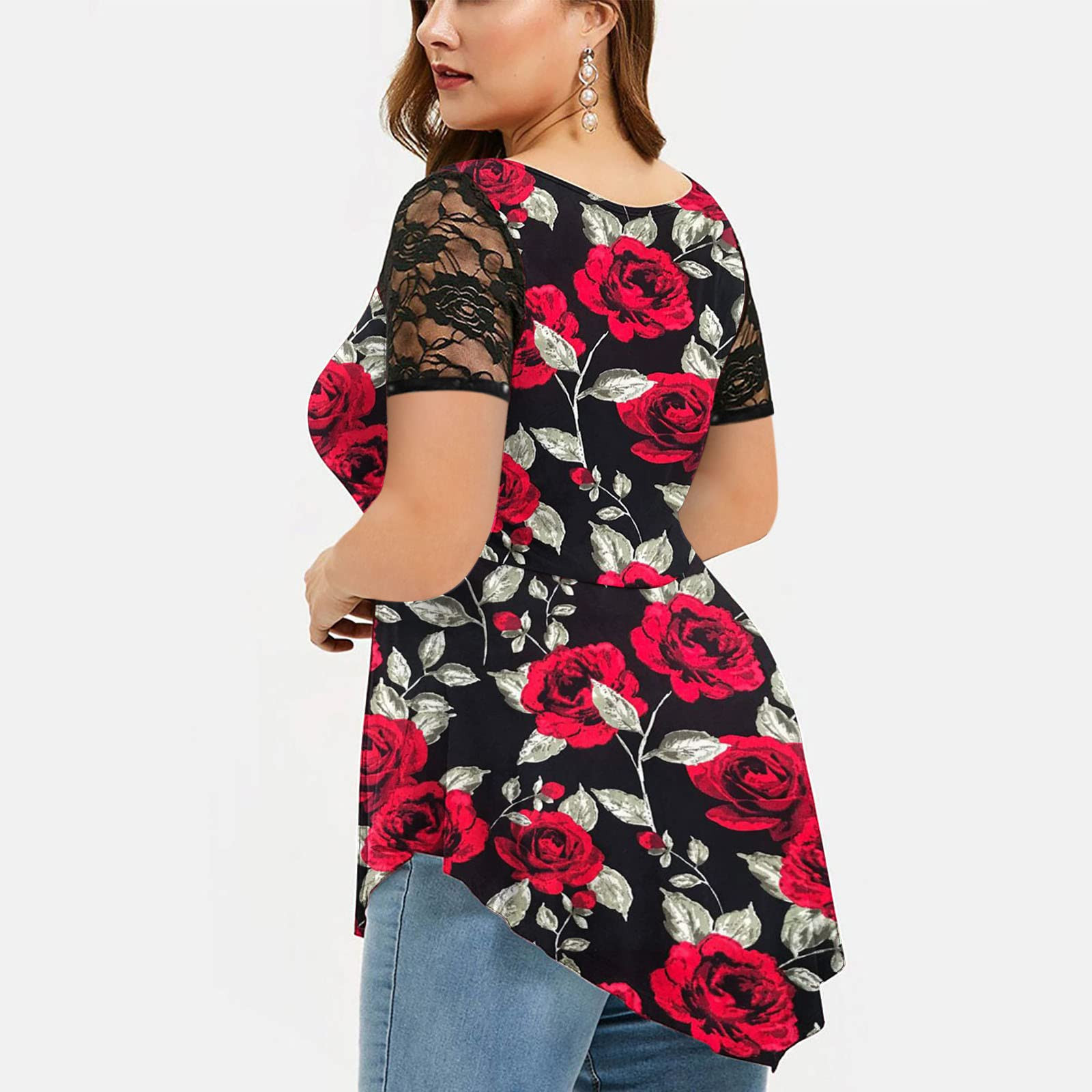 plus size camisas das mulheres verão manga curta blusa senhoras casual vestido pescoço túnicas rendas topos flores impressão camisas femininas