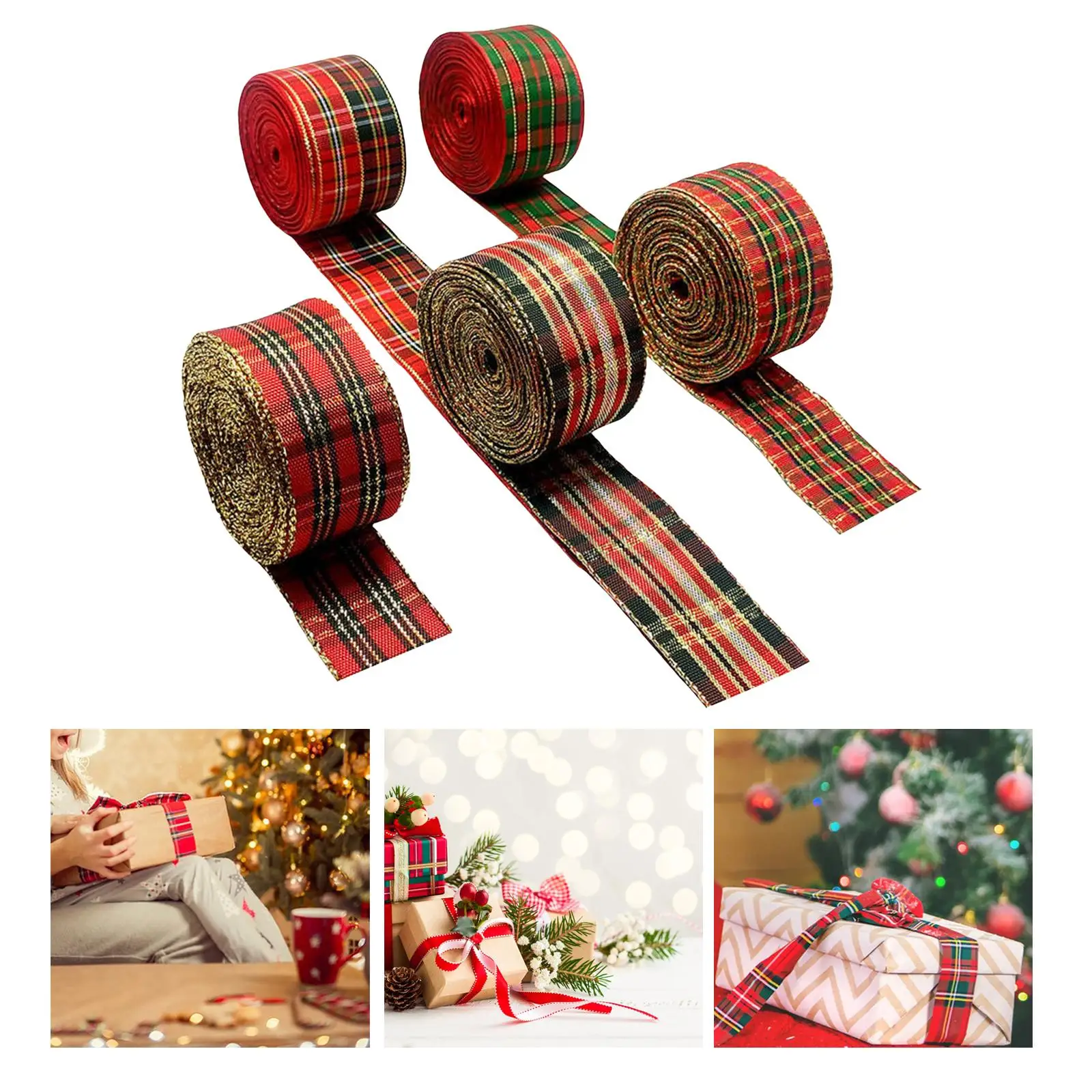 5Pcs Christmas Ribbon Burlap Ribbon DIY Crafts with Wired Edge Linen Satin Plaid for Swags Wedding Bows Gift Wrapping Decoration