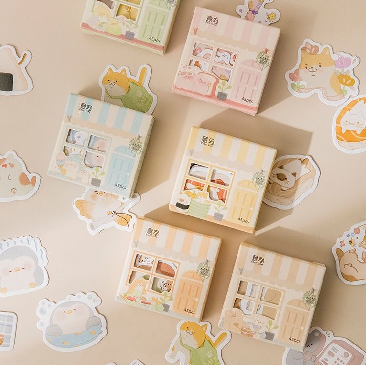 45PCS Kawaii Creative House Stickers Box Scrapbooking Stationery School Supplies Cute Theme for Crafting And Organizing