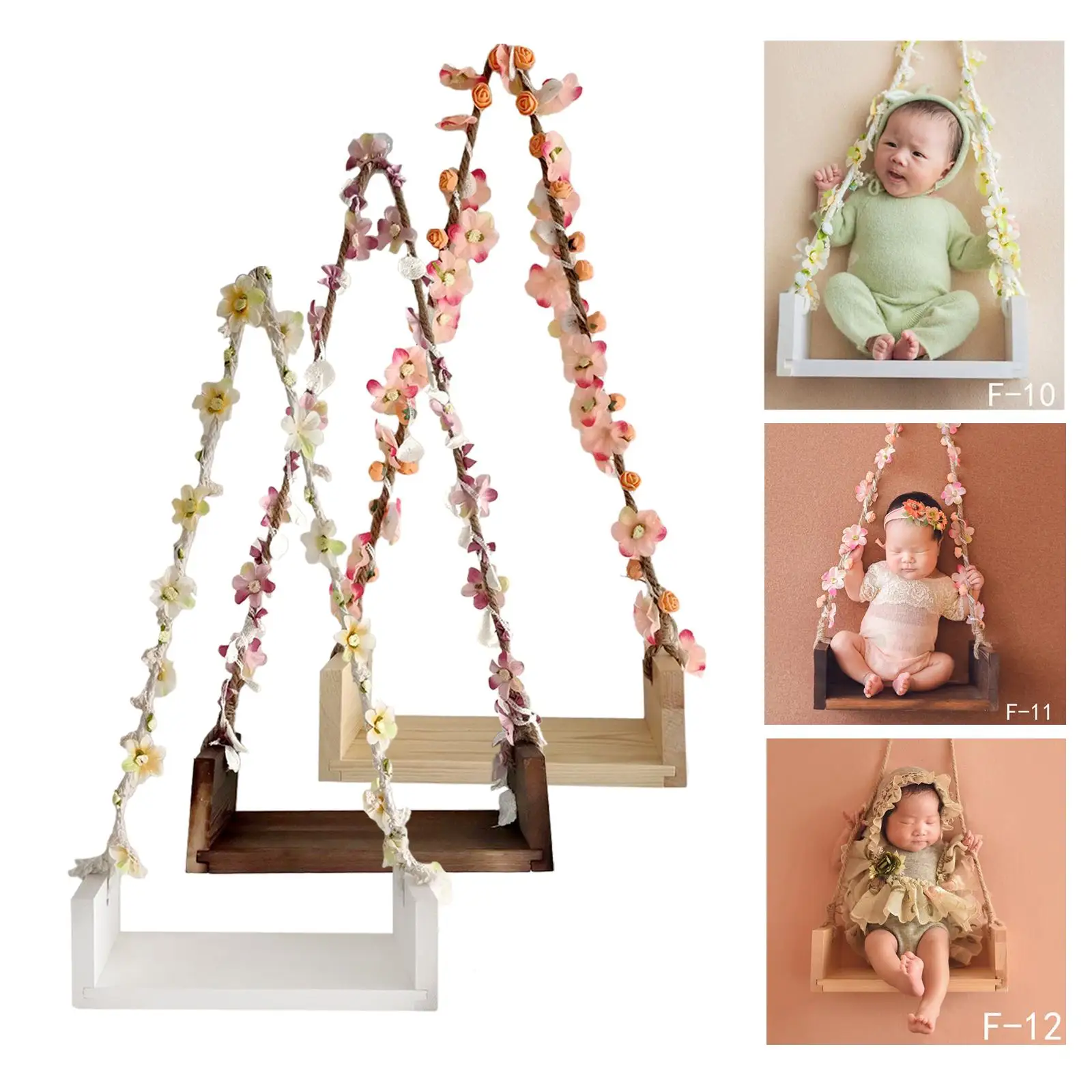 Wooden Swing Seats Photo Posing Aid with Flower Vine for Infants Baby Boys