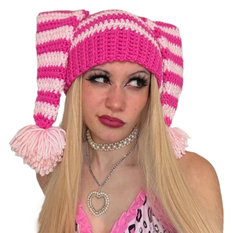 Clown-Hut, handgefertigte Kopfbedeckung für draußen, gestrickt, gestreift, Garn, große Strickohren, Wintermütze, Rot – Detail 7