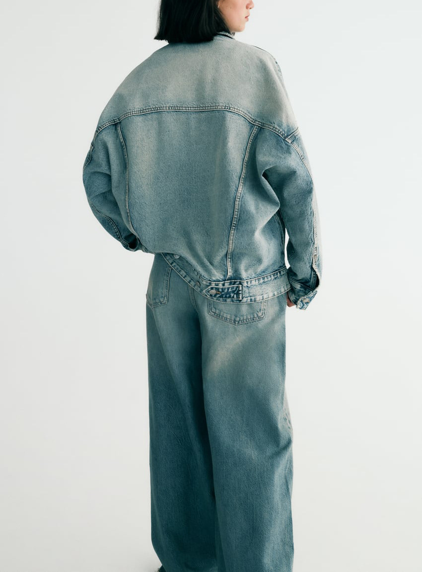 Autunno Donna Giacca di jeans oversize Jeans a gamba larga Abito con risvolto Maniche lunghe Giacca di jeans Cappotto Jeans strappati a gamba larga a vita bassa_voghion.com