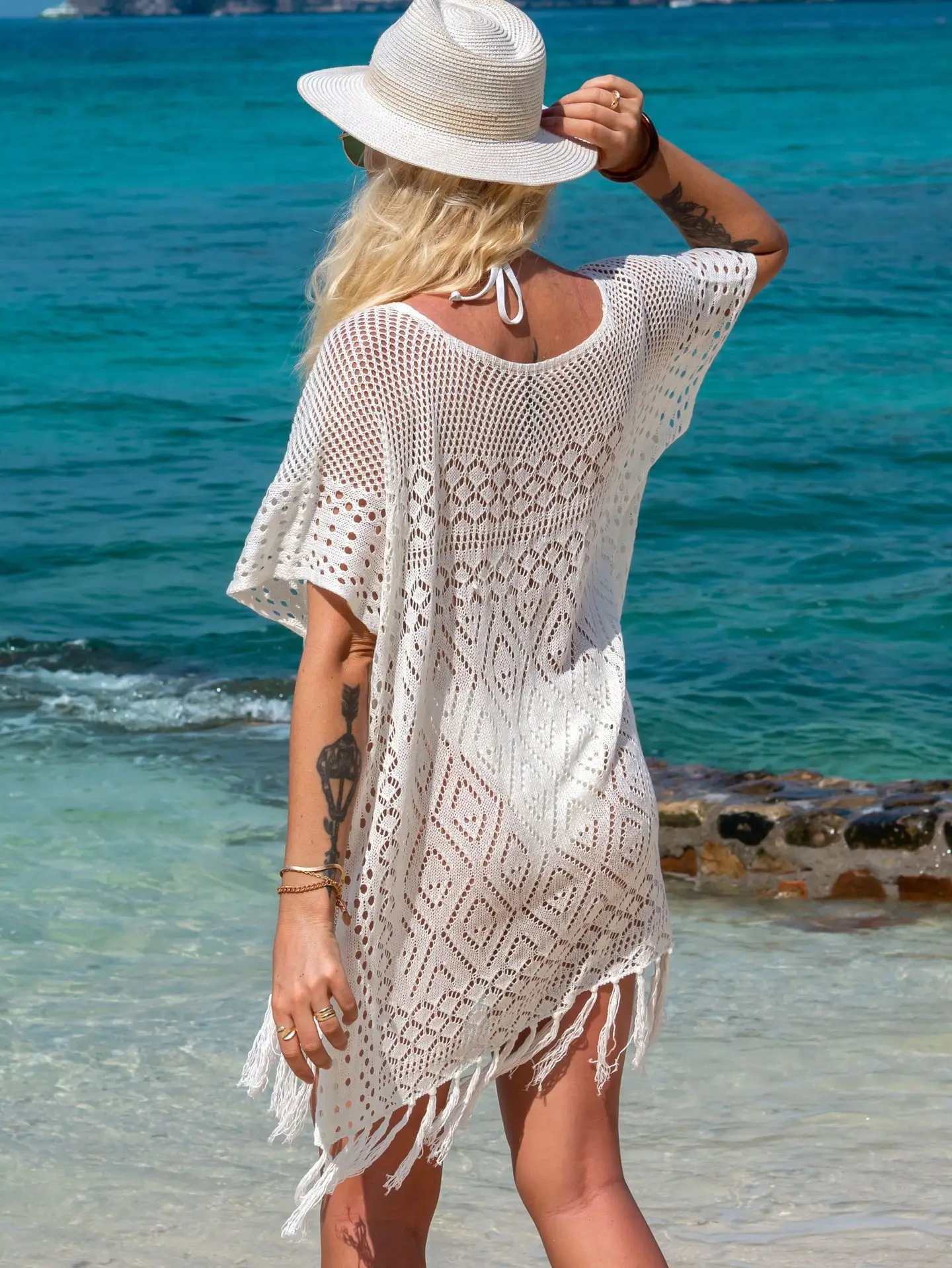 Top Crochet Knitted Beach Cover Up Women Sexy Loose Tunic Summer Seaside Swimwear Bikini Covers Solid Bathing Suits Sales