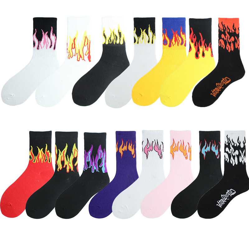 Description Picture 4 of item1 pair women Fashion Hip Hop Hit Color On Fire Crew Socks Red Flame Blaze Power Torch Hot Warmth Street Skateboard Socks