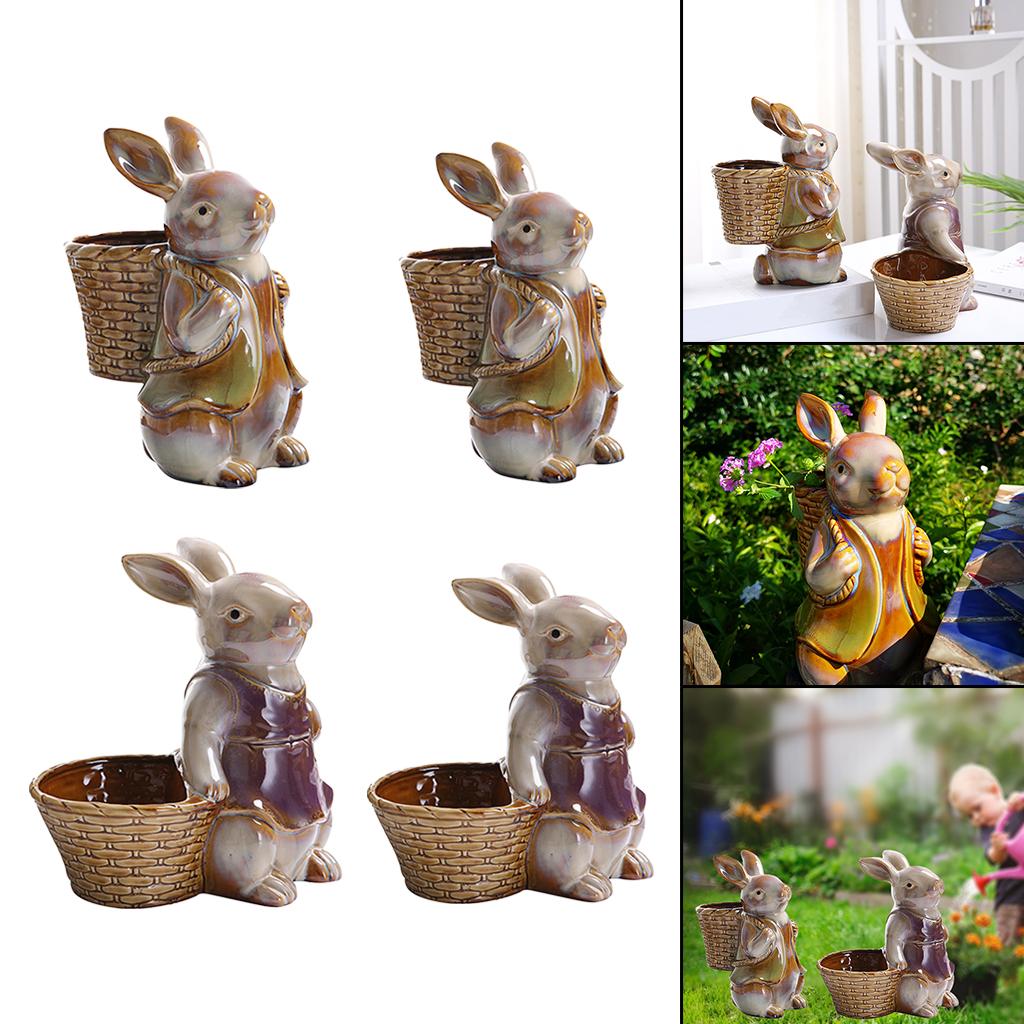 Bunnies Garden Rabbit Figurines Easter Bunny with the Basket Statue Micro Landscape Decoration Plant Flower Pots Ornaments