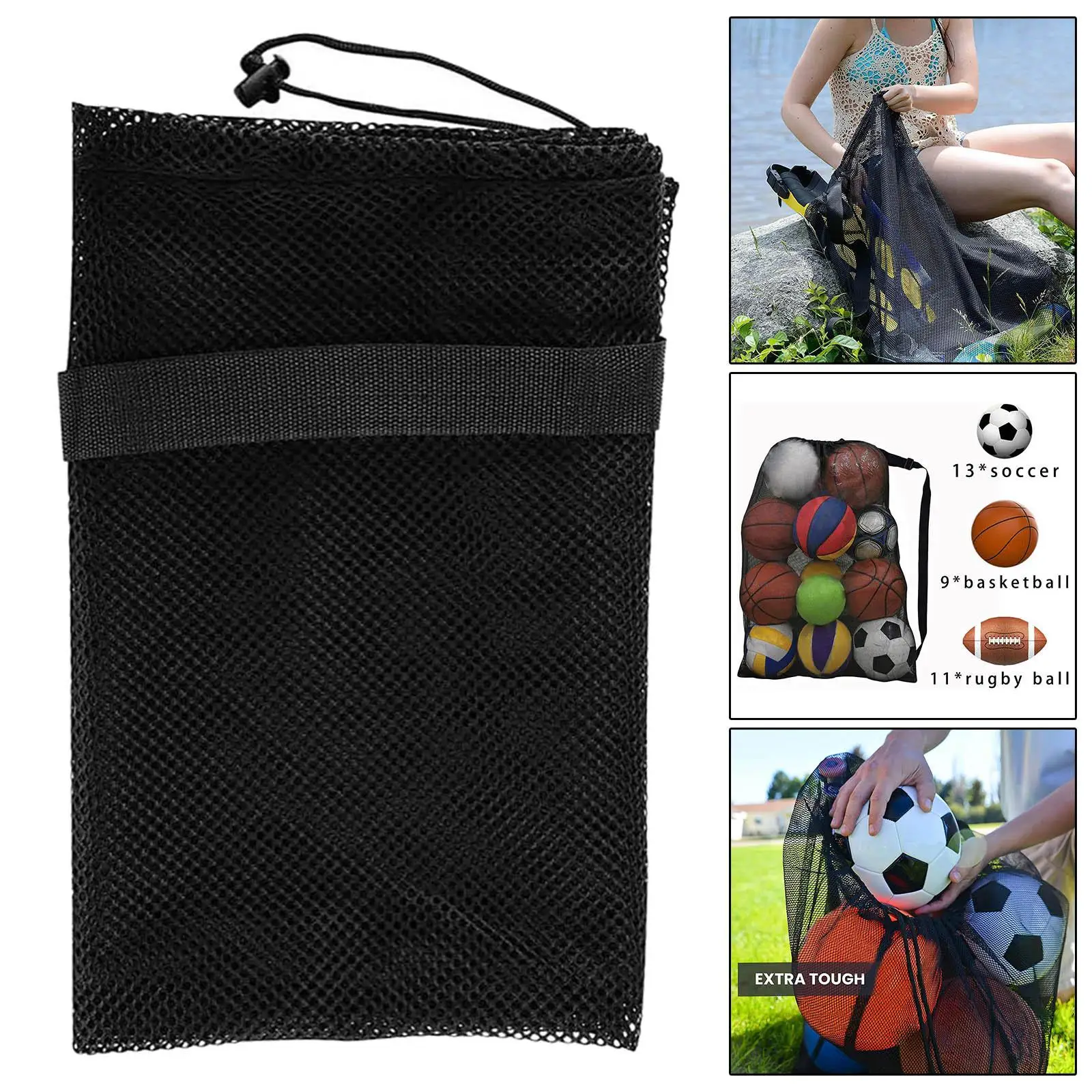 Mesh Ball Bag with Adjustable Drawstring Hold 13 Soccer Balls Heavy Duty Nets Bag for Sportswear Team Sports Basketball Beach