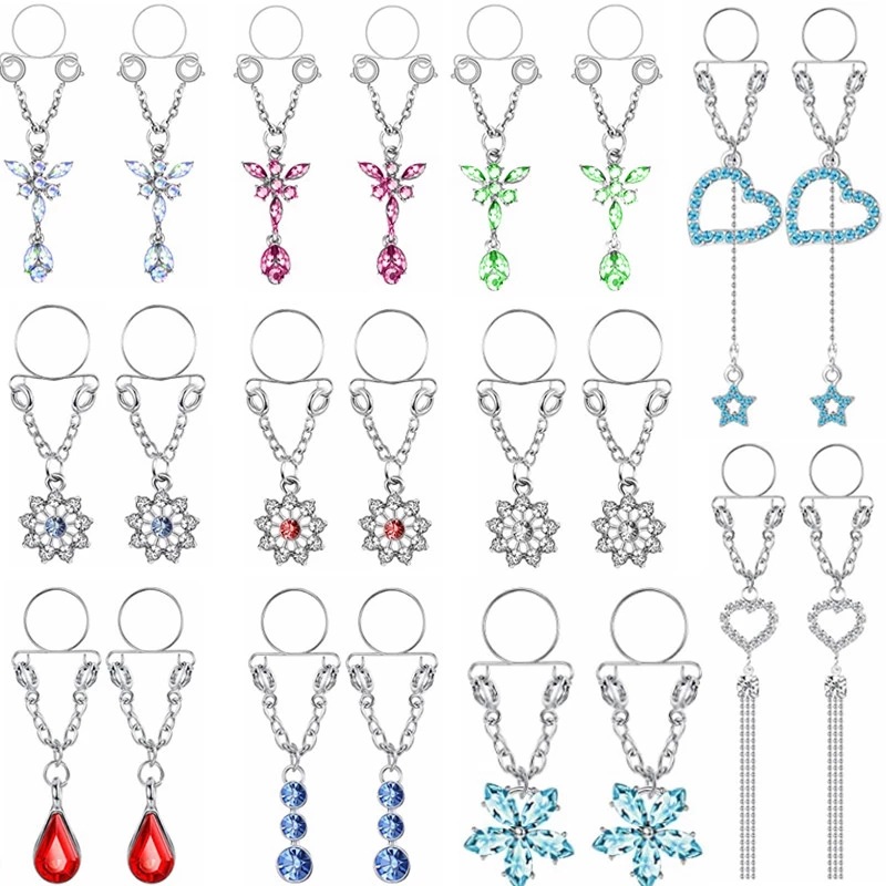 1 Paar sexy Quasten-Kristall-Schmetterlings-Anhänger, gefälschter Nippelring für Frauen und Mädchen, verstellbarer künstlicher Nippel-Piercing-Körperschmuck – Detail 1