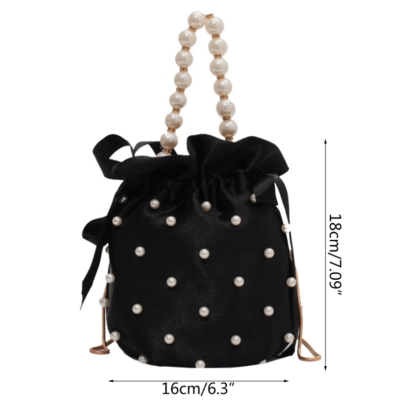 senhoras luxo bolsa preto pérola imitação seda feminino balde crossbody saco