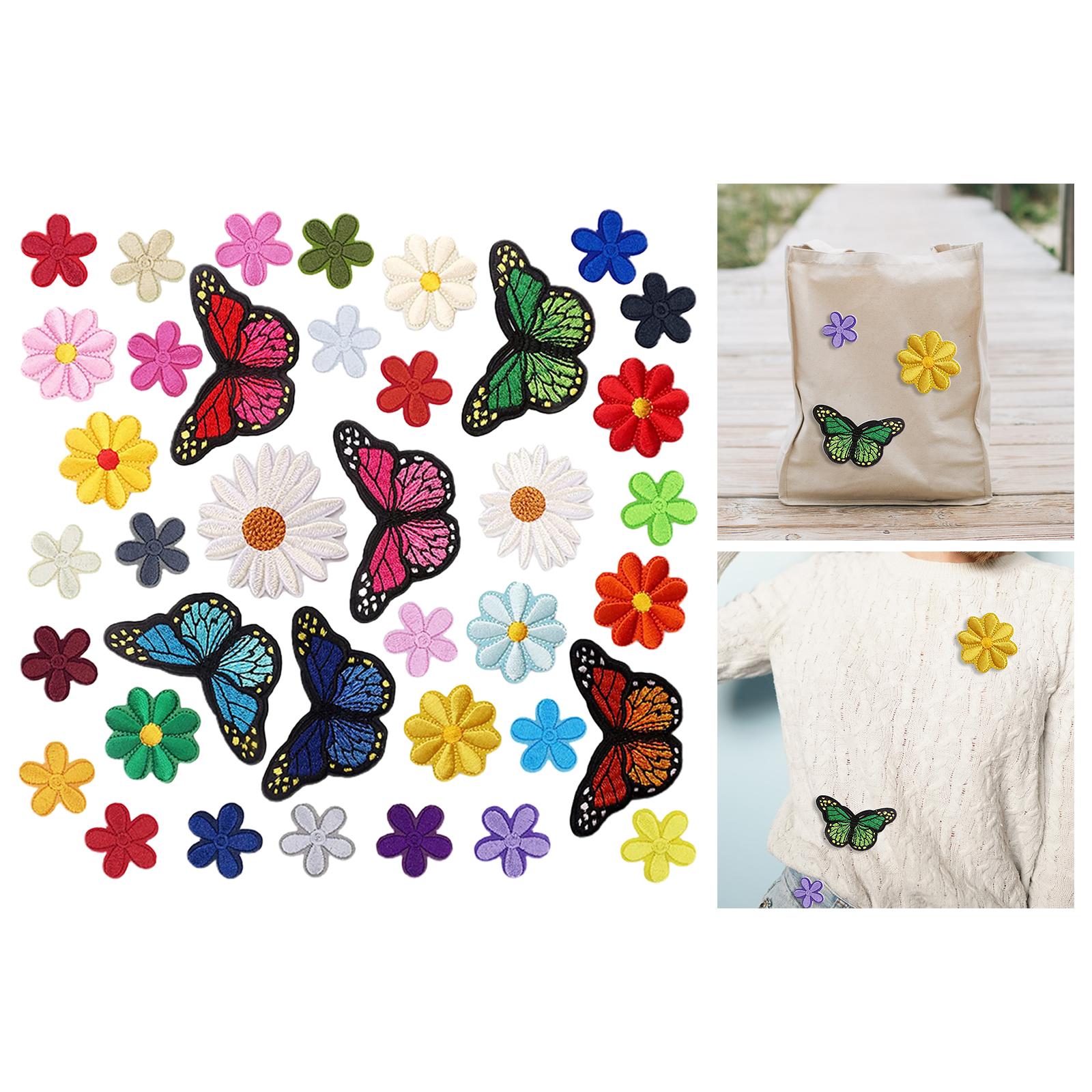 38x Butterfly & Flower Iron Patches Applique Decor Sewing Embroidered Stickers for T Shirts Handbook Bags Arts Crafts Coats