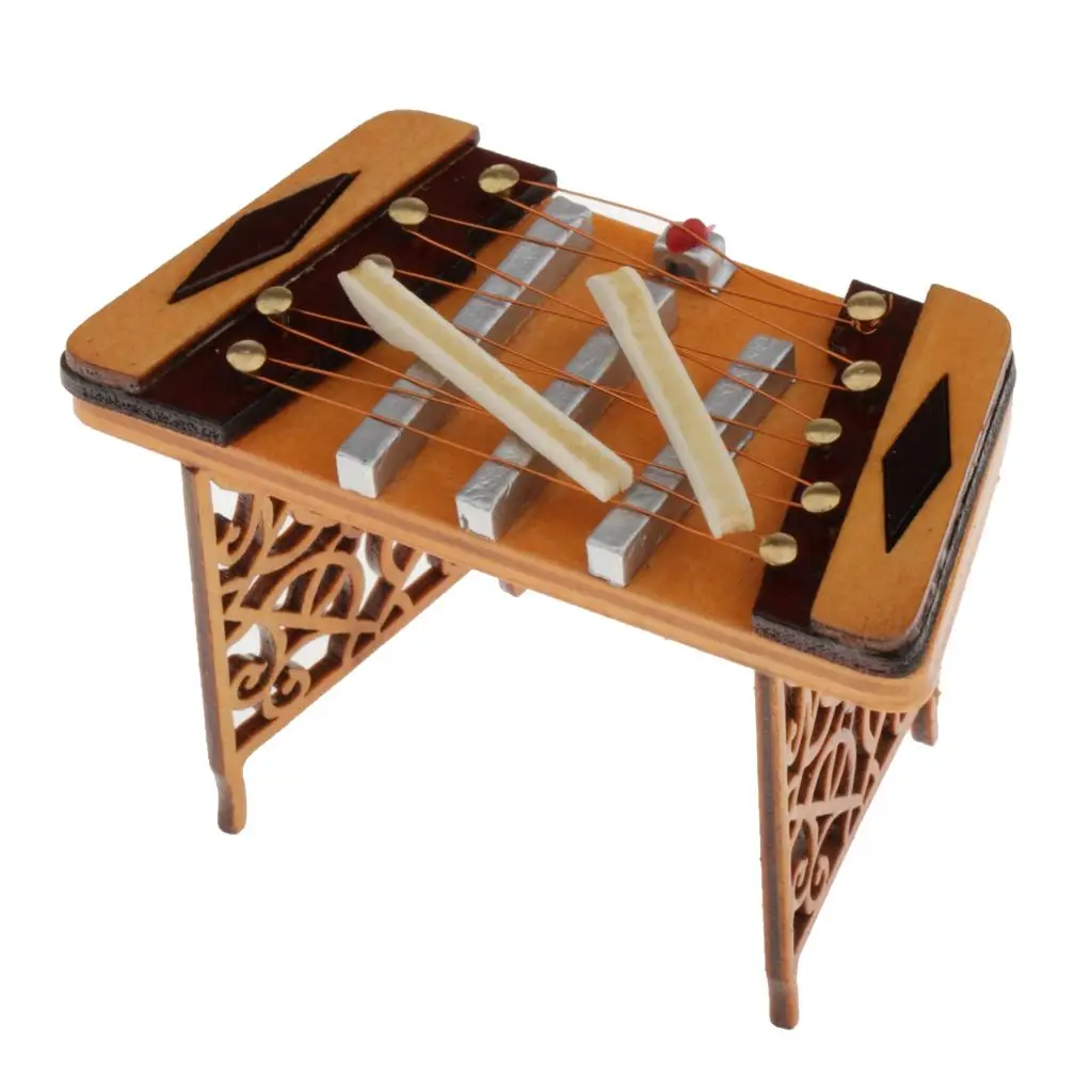 1/12 Dollhouse Simulation Miniature Wooden Dulcimer Yangqin Hammered String Musical Instrument 